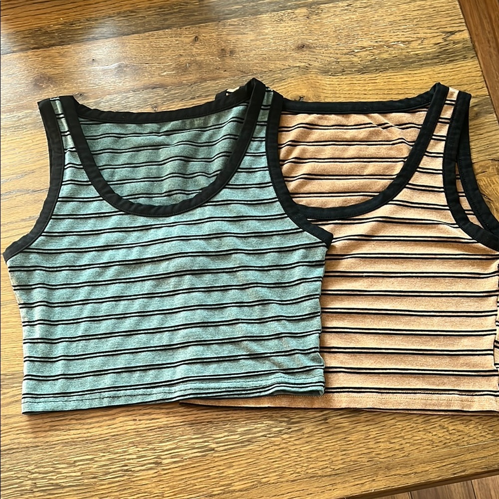 # 187 ROMWE Striped Tank Tops - Green and Tan